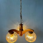 Duitse Glazen Mid Century Kroonluchter Met Doorzichtige Kapjes En Kersenhout Frame thumbnail 6