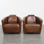 Set Van 2 Unieke En Comfortabele Bruine Rundleren Aviator Design Fauteuils/ Armchairs thumbnail 2