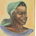 Authentiek Vintage Schilderij Portret Op Doek Vrouw Congo 1958 thumbnail 6
