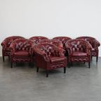 Unieke Set Van 8 Mooie Engelse Rundleren Chesterfield Clubfauteuils In Een Gevlamde Rode Kleur thumbnail 12