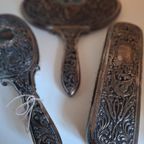 Mooie Vintage Brocante Kaptafel Set Borstel Spiegel, Zilver thumbnail 3