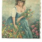Vintage Schilderij Vrouw Bloemenpluk Acrylverf Op Doek Gesigneerd thumbnail 14