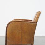 Unieke En Tijdloze Cognac-kleurige Schapenleren En Houten Art Deco Design Fauteuil thumbnail 7