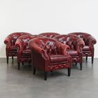 Unieke Set Van 6 Mooie Engelse Rundleren Chesterfield Clubfauteuils In Een Gevlamde Rode Kleur thumbnail 13