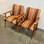 Tweetal Vintage Houten Fauteuils Met Gestreepte Stof, 1970’s thumbnail 16
