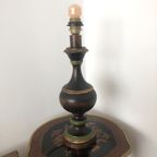 Zeldzame Vintage Houten Voet Tafellamp In Bruin, Goud En Groen thumbnail 4