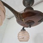 Art Deco Hanglamp Messing Hout Kroonluchter. thumbnail 7