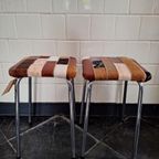 Vintage Kruk Met Patchwork Lederen Bekleding, Rond Krukje thumbnail 7