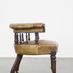 Antieke Engelse Rundleren Fauteuil/ Bureaustoel Gecombineerd Met Hout Op Originele Wieltjes Met E thumbnail 4