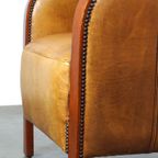 Luxe Rundleren Artdeco Design Armchair Met Houten Armleuningen En Cognac Kleur Leer thumbnail 13