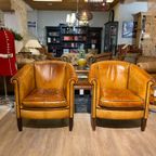 2 X Vintage Schaapsleder Club Fauteuils Camel Cognac Leer thumbnail 2