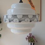 Vintage Art Deco Pendant Lamp – Opal Glass, Geometric Pattern thumbnail 5