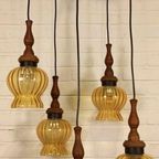 Vintage Grote Cascade Hanglamp Met 5 Glas En Hout Lampen thumbnail 4