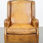 Comfortabele En Cognac-Kleurige Vintage Schapenleren Fauteuil Met Een Hoge Rug thumbnail 3