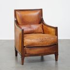 Mooie Cognac Kleurige Schapenleren Art Deco Design Fauteuil/ Armchair Gecombineerd Met Hout thumbnail 8