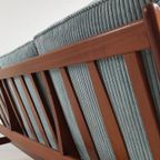 Vintage Teakhouten Bank 3 Zits Licht Blauw Ribstof Teak Hout thumbnail 4