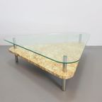 Vintage Traingel Brutalist Salontafel Marmer Glas Tafel '70 thumbnail 8