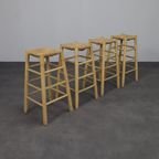 Set Of 4 Barstools In Wood And Cane, 1970s thumbnail 2