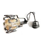 Vintage Smeedijzere Lamp Met Prachtig Amber Glas En Koperen Kap, Jaren '50/'60 thumbnail 4