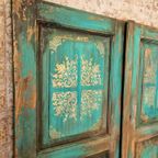 Antiek Wandpaneel / Oude Houten Deur In Turquoise Blauw Met Goud Patronen. thumbnail 6