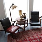 Vintage Fauteuil Hout Met Zwart/Rood Skai Leer, Jaren '50/'60 thumbnail 6