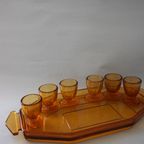 Vintage Tray With Shot Glasses Pressed Glass Amber thumbnail 3