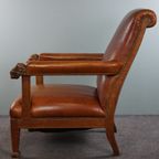 Statige Antieke Hollandse Fauteuil Met Leeuwenkoppen Opnieuw Bekleed Met Cognac Kleurig Rundleer thumbnail 6