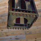 Antieke Hanglamp Koper Met Glas In Lood Opknapper thumbnail 2