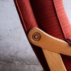 Pair Of Red Fabric And Wooden Club Chairs With Soft Lined Design. thumbnail 6