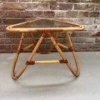 Mid Century Rotan Tafel Met Glasplaat, Vintage Bamboe Bijzettafel Jaren 70. thumbnail 2