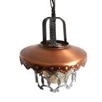 Vintage Smeedijzere Lamp Met Prachtig Amber Glas En Koperen Kap, Jaren '50/'60 thumbnail 2