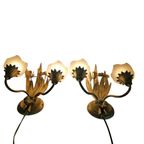 Ls Italy - Vintage Wandlamp (2) - Metalen Goudkleurige Bloemen Met Korenaren - 1970'S thumbnail 4