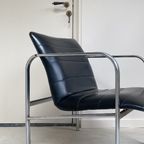 Vintage Zwart Leren Fauteuil Met Chromen Onderstel thumbnail 7