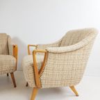 Vintage Fauteuils Beige Stof Eiken Kleur Frame 2 Stuks thumbnail 3