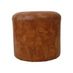 Ronde Vintage Houten Poef Bruin Skai Leder Patchwork Sixties thumbnail 6