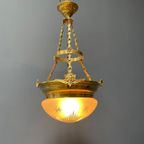 Grote Antieke Messing Hanglamp Met Geslepen Glas thumbnail 3