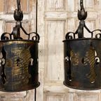 Oude Franse Metalen Hanglampen, Franse Lelie. Origineel thumbnail 7
