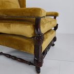 Paar 19e-eeuwse Gesneden Notenhouten Fauteuils – Bloemmotieven – Fluwelen Bekleding thumbnail 4