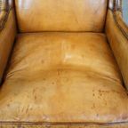 Comfortabele En Cognac-Kleurige Vintage Schapenleren Fauteuil Met Een Hoge Rug thumbnail 7