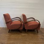 Set Van 2 Rode Relaxstoelen Van J. Halabala Voor Thonet Met Originele Bekleding thumbnail 3