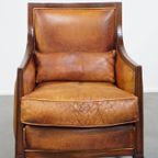 Mooie Cognac Kleurige Schapenleren Art Deco Design Fauteuil/ Armchair Gecombineerd Met Hout thumbnail 9
