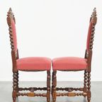 Leuke Antieke Set Van 6 Hollandse Eetkamerstoelen Met Mooi Houtsnijwerk En Rode Stoffen Bekleding thumbnail 3