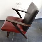 Vintage Fauteuil Hout Met Zwart/Rood Skai Leer, Jaren '50/'60 thumbnail 3