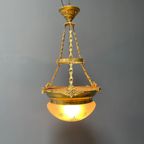 Grote Antieke Messing Hanglamp Met Geslepen Glas thumbnail 15