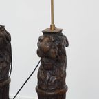 Set Van 2 Prachtige Unieke Handgesneden Antieke Houten Staande Lampen Met Leeuwenkoppen thumbnail 5