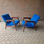 Set Vintage Deense Fauteuils Jaren 60 Ribstof Blauwe Stoelen thumbnail 6
