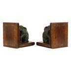 Vintage Koppel Boekensteunen Olifant Gepatineerd Brons Hout Leder thumbnail 8