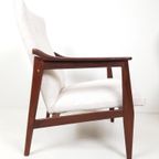 Vintage Teakhouten Fauteuil Crème Beige Stof Nieuw thumbnail 3