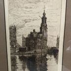 Antieke Ets, Munttoren Amsterdam, 36 X 27 Cm, Reliving thumbnail 2