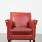Unieke, Stijlvolle Rood Geverfde Armchair Gemaakt Van Schapenleer thumbnail 3